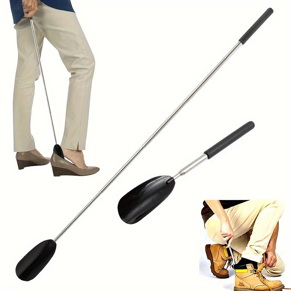 Adjustable stainless steel shoe horn with long handle, telescopic design. Suitable for elderly and pregnant individuals. Durable metal construction with comfort grip, no electricity needed.