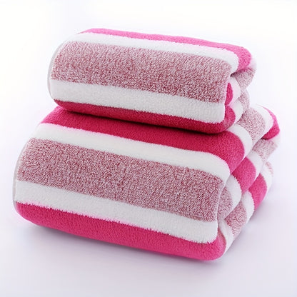 1 Set of Coral Fleece Bath Towels, 100% polyester, 239gsm, soft and absorbent with striped design and edging, perfect for face and body, including wash cloths.