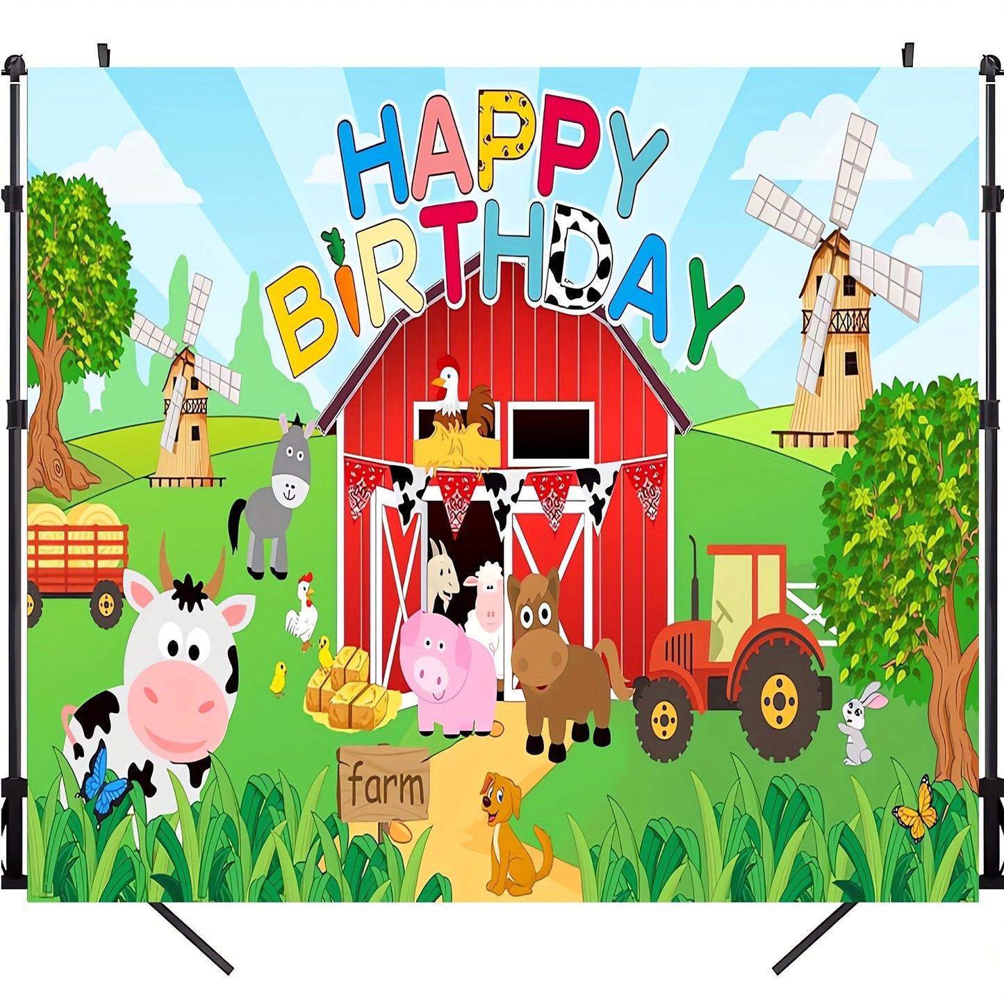 Large farm animal birthday party backdrop for kids' celebrations, 129.54x149.86cm (70.8x90.5") polyester photo background