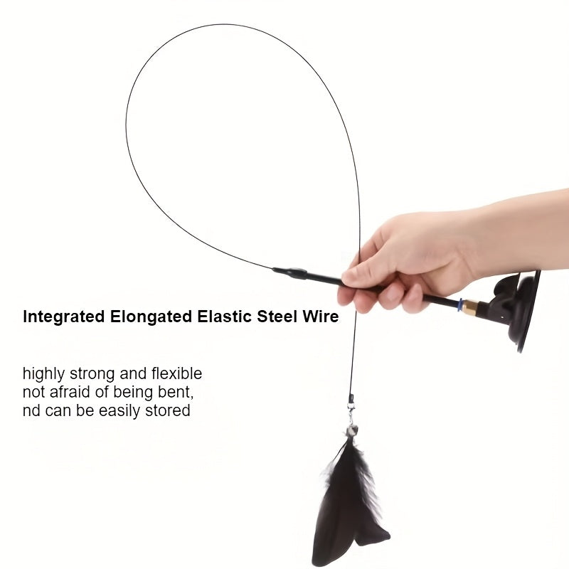 Durable plastic teaser toy with suction cup and long pole for indoor cats, no batteries needed.