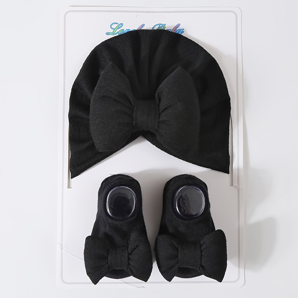 Newborn knit fleece bow hat and sock set, perfect for Thanksgiving, featuring cartoon theme. Breathable and suitable for girls aged 0-3 years.