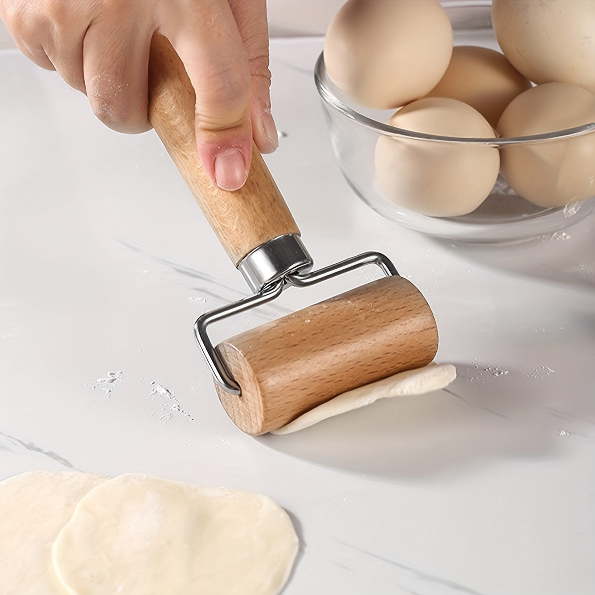 Wooden Rolling Pin with Stainless Steel T-Shaped Dough Roller - Effort-Saving Kitchen Baking Tool for Dumpling Wrappers and Baozi Skin