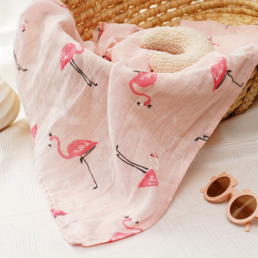 Soft muslin swaddle blankets for boys and girls by HappyFlute, measuring 119.38cm X 109.22cm. Features a playful design with fruits and animals in warm, vibrant colors. Comes as a single piece.