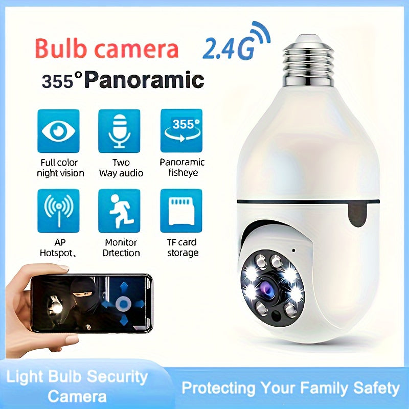 2.4GHz WiFi HD E27 Bulb Camera Featuring Automatic Tracking, Black-White Night Vision, and Two-Way Audio Communication