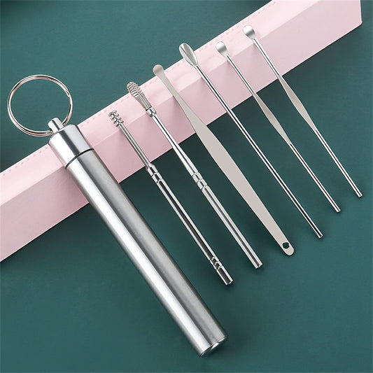 6 stainless steel ear digging spoons for ear cleaning, portable.