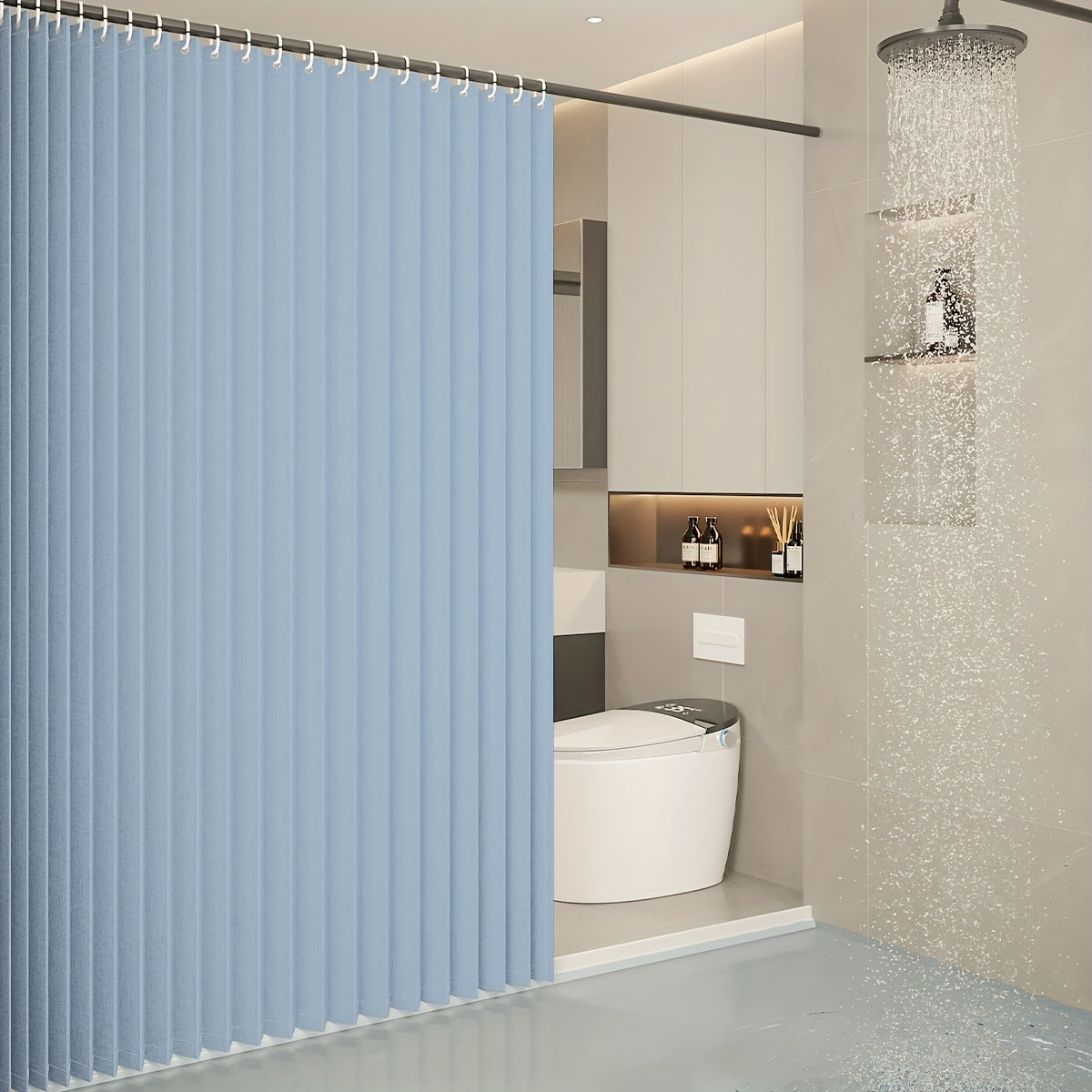 1pc Simple and Stylish Folding Shower Curtain, White Blue, Moisture-Resistant, 180.34cm*180.34cm/199.9cm