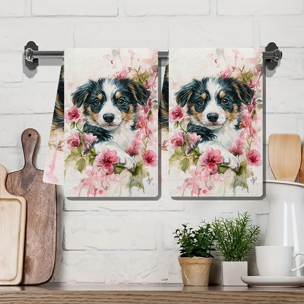 Two pieces of ultra soft kitchen towels featuring an adorable puppy and pink roses design. These towels are highly absorbent and quick-dry, making them perfect for Valentine's Day decor. They are machine washable and measure 40.64x60.96 cm.