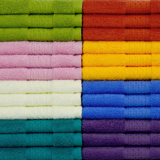 12-pack of soft 100% cotton face towels for body and face, suitable for hotel and travel use. Assorted colors, 400g/㎡ weight, 33.02 x 33.02 cm size.