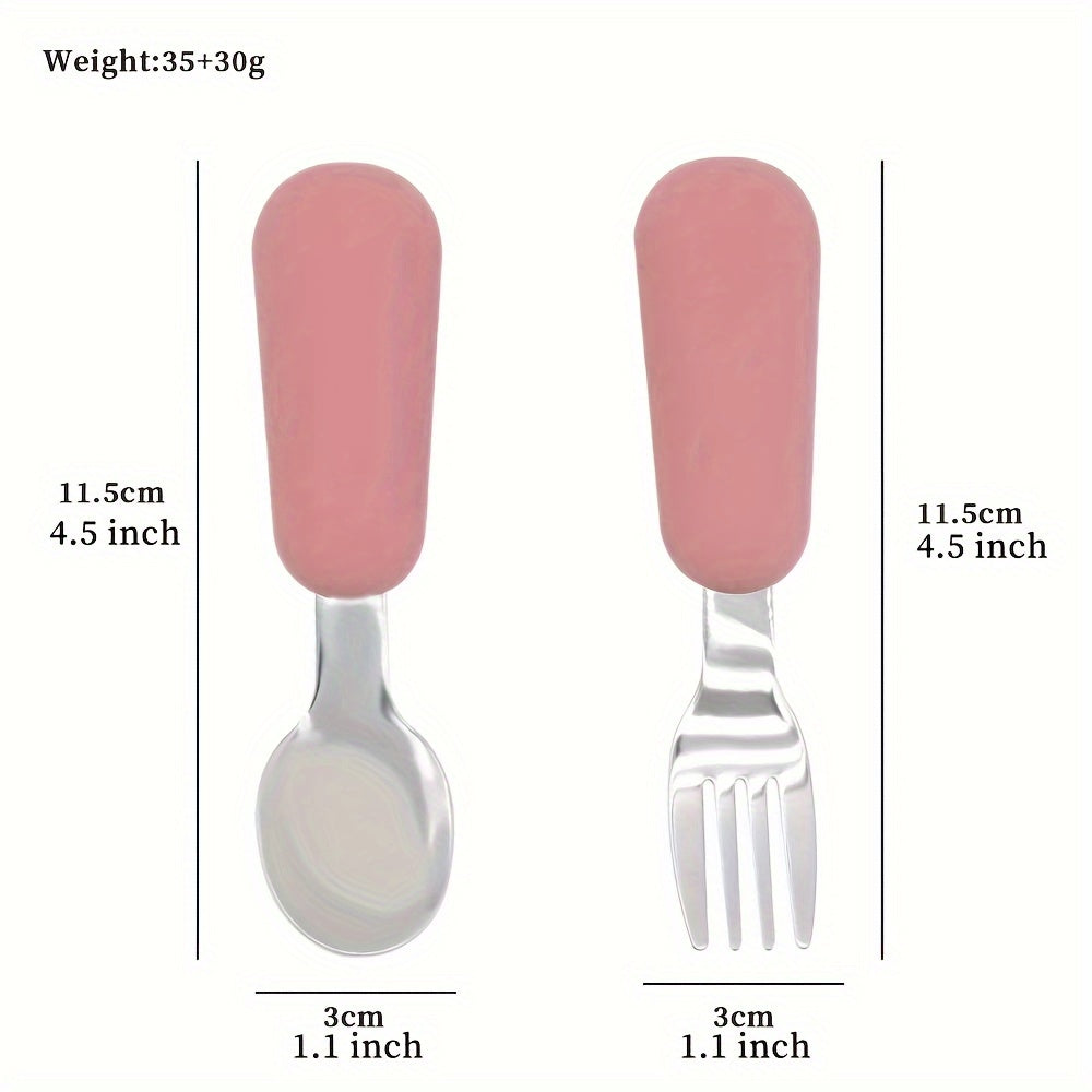 Stainless Steel Feeding Spoon & Fork Set with Red Silicone Handles - Ideal for