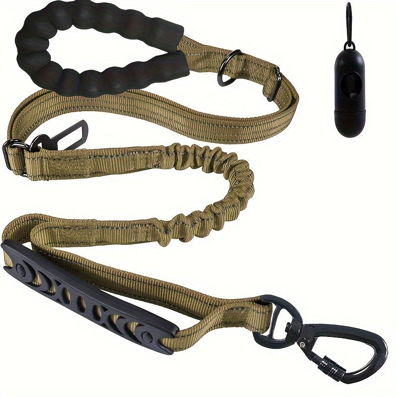 Bungee dog leash with 2 padded handles, reflective threads for medium to large dogs, 4-in-1 multifunctional design with car seat belt.