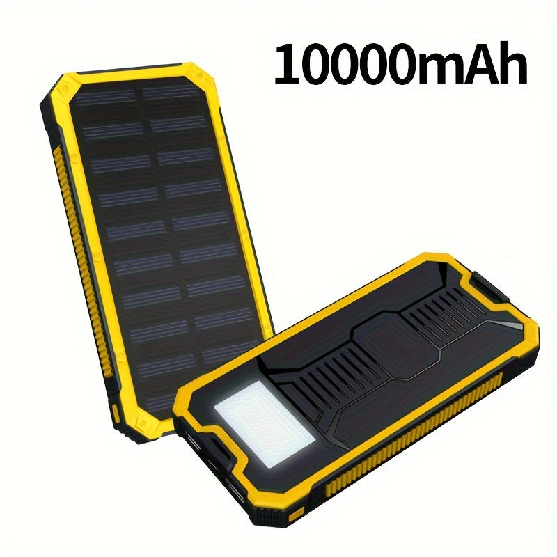 The SolarPower 10000mAh Power Bank is a portable device that features a dual USB charger, LED light, and microusb connector. It is compatible with various devices, operates at a voltage of