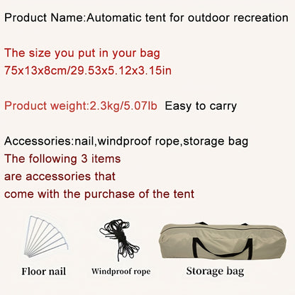 Fully automatic 4-person tent in lush green with durable poles, waterproof polyester blend, easy zip closure, portable for all seasons.