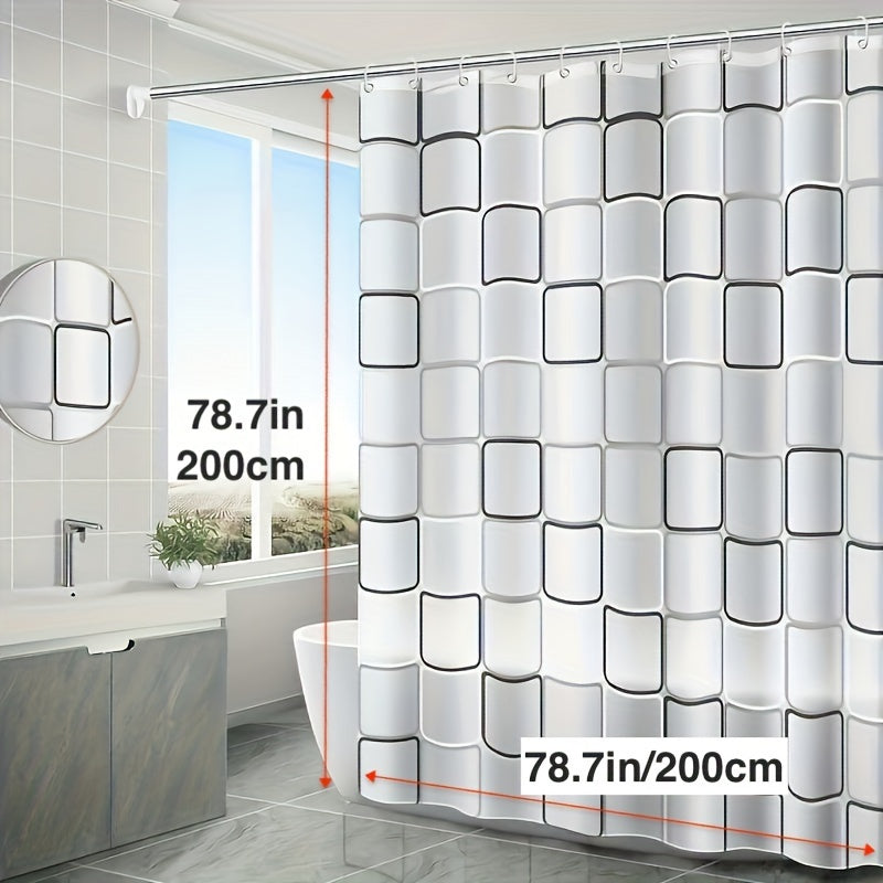 Checkered PEVA shower curtain liner with hooks, semi-transparent, waterproof, metal grommets, bathroom decor for windows.