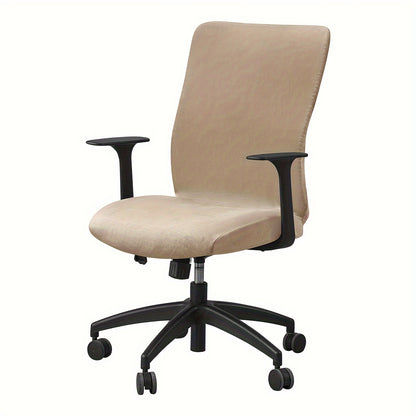 Soft velvet office chair cover with elastic stretch and slip-resistant grip, suitable for home, hotel, and office use. Made of a polyester and spandex blend, machine washable.