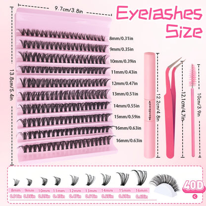 200pcs DIY Eyelash Extension Kit with mixed 8-16mm lengths, waterproof faux mink lashes suitable for all eye shapes. Soft, comfortable, and easy to apply for beginners, reusable with