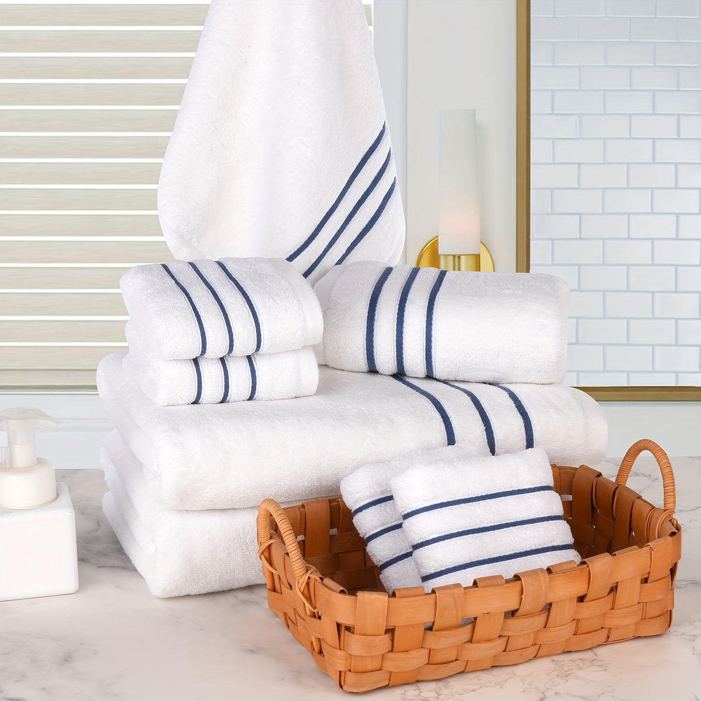 A set of 8 soft, premium cotton towels in various sizes, quick drying and fluffy, in multicolor. Includes 2 bath towels, 2 hand towels, and 4 washcloths. Perfect bathroom accessories.