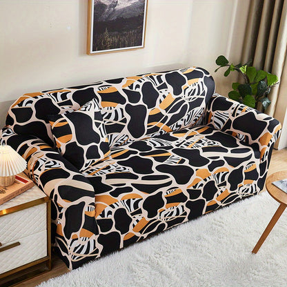 Modern printed sofa slipcover with elastic closure, made of 95% polyester and 5% spandex. Machine washable with active printing and stitched craftsmanship. Fits armchairs to sectional sofas, weighing 100-120gsm fabric.