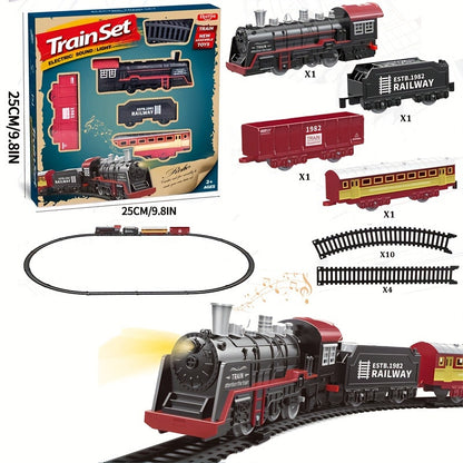 Vintage Electric Train Track Set for kids - Classic Steam Locomotive with Lights & Sounds, Red & Black, ABS Resin, Perfect for Imaginative Play.