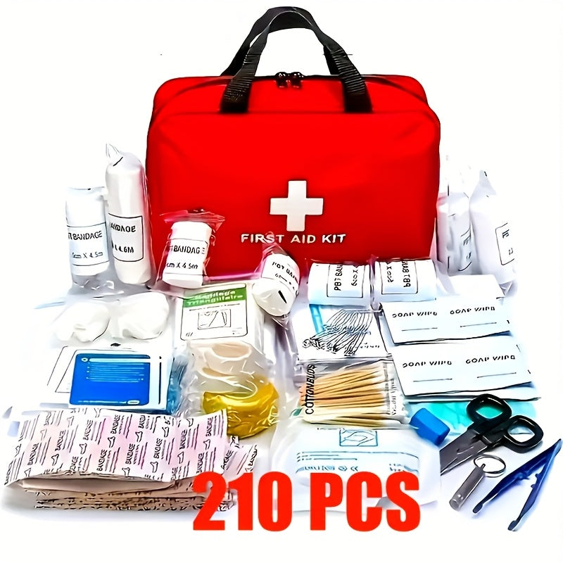 Luxury First Aid Kit (200/210pcs) in Red, with Scissors and Essential Items for Hunting, Hiking, and Camping Emergencies