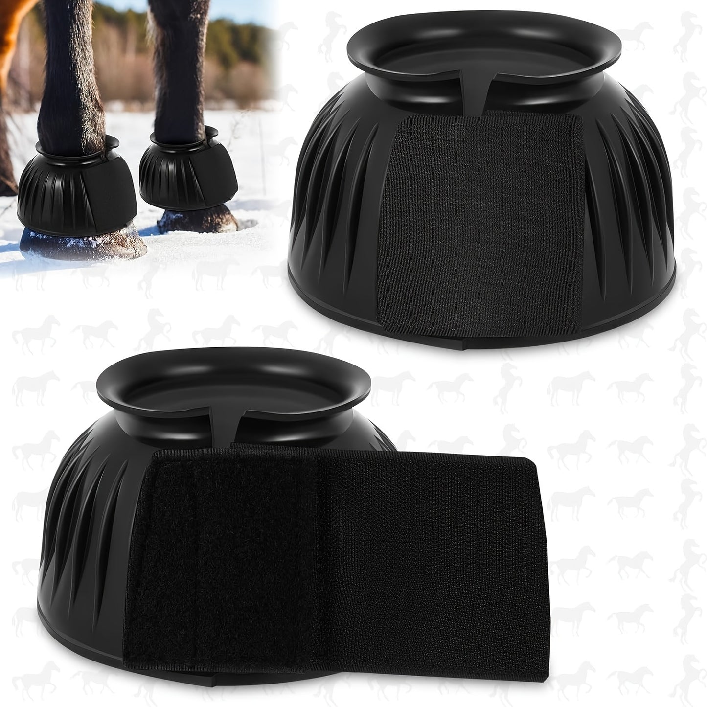 Rubber bell boots provide comfort and protection for horses, with anti-impact and friction features. Easy hook and loop design for quick installation.