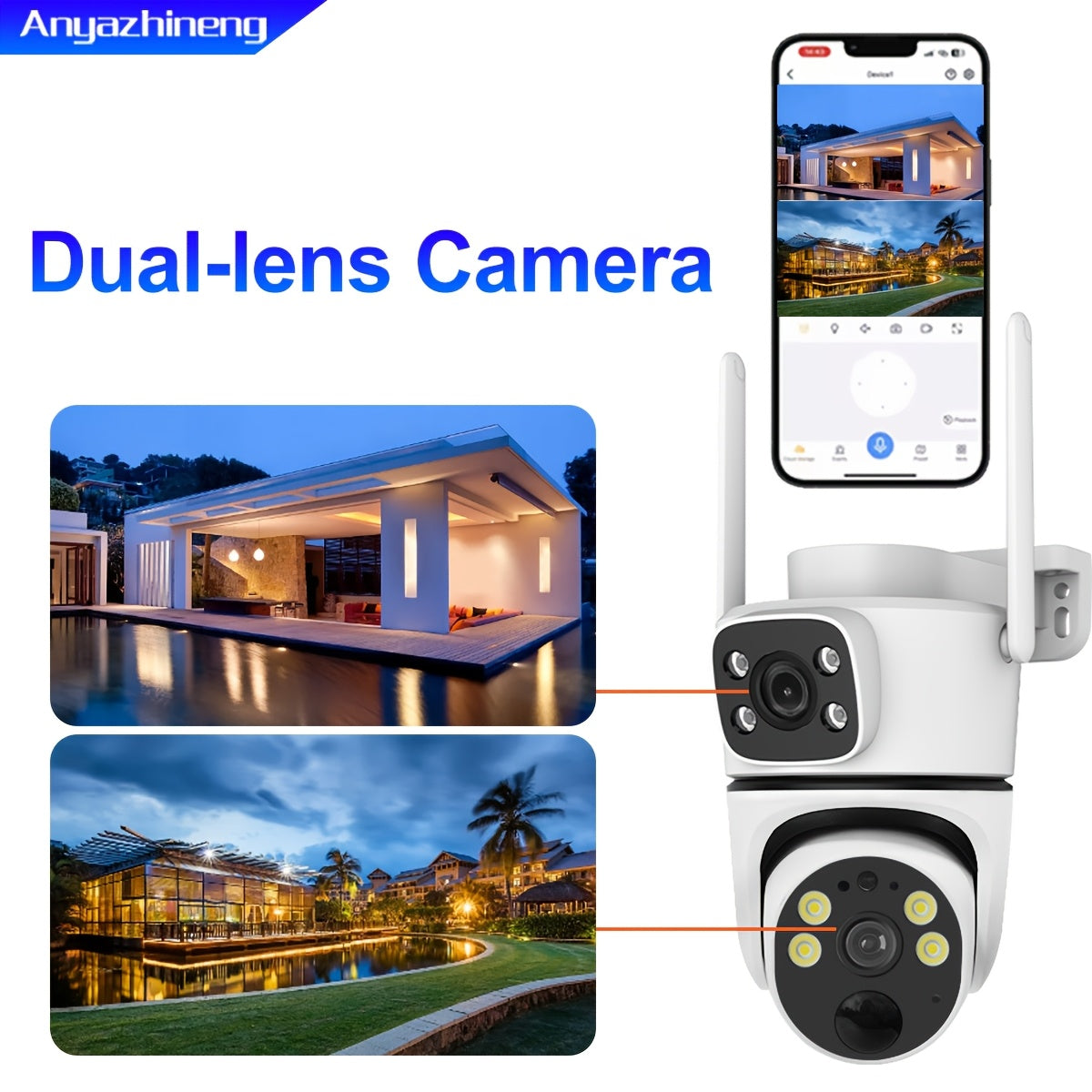 ANYAZHINENG Solar Powered Dual-Lens Security Camera - 1080p HD with PTZ Night Vision, Motion Detection, Two-Way Audio, Wi-Fi Enabled, App Controlled - Ideal for Home and Pet Monitoring (Non-Waterproof)