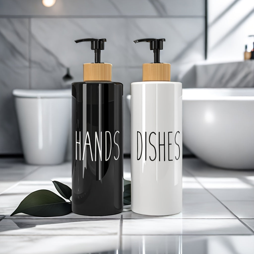 Set of 2 refillable soap dispensers with 16.91oz PET plastic bottles and wooden tray for kitchen use.