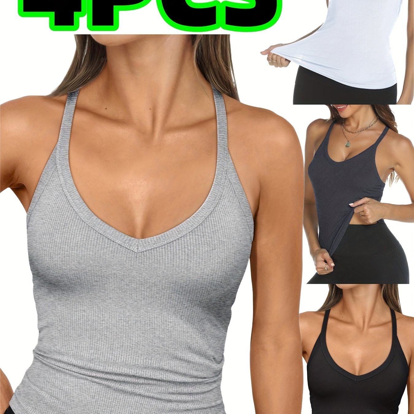 4-Pack ayollar uchun sexy kamisol tank top, 95% polyester elastik trikotaj matodan tayyorlangan. Qattiq rangli V-shaklidagi yengsiz top, nafas oladigan tor mos keladi. Ichki va tashqi kiyim, yoga uchun ideal.