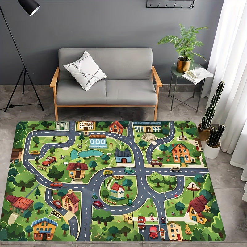 Green cartoon village design carpet suitable for use in children's rooms, bathrooms, kitchens, living rooms, bedrooms, interior doors, and entryways. The carpet has a thickness of 8mm and can be machine washed. Ideal for adding a decorative touch to your