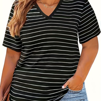 Versatile striped V-neck t-shirt for plus size women, perfect for summer and spring.