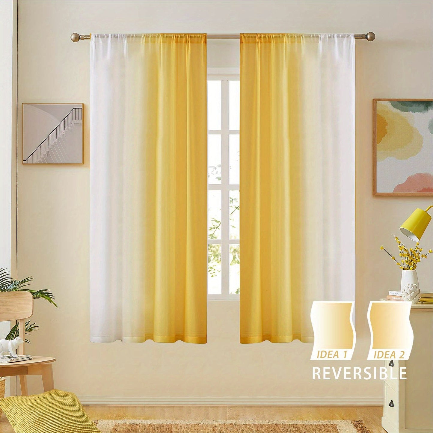 Two pieces of rod pocket curtains with a gradient style, made of transparent imitation linen material. These sheer curtains are perfect for adding a decorative touch to any bedroom, office, kitchen, living room, study, or home decor.