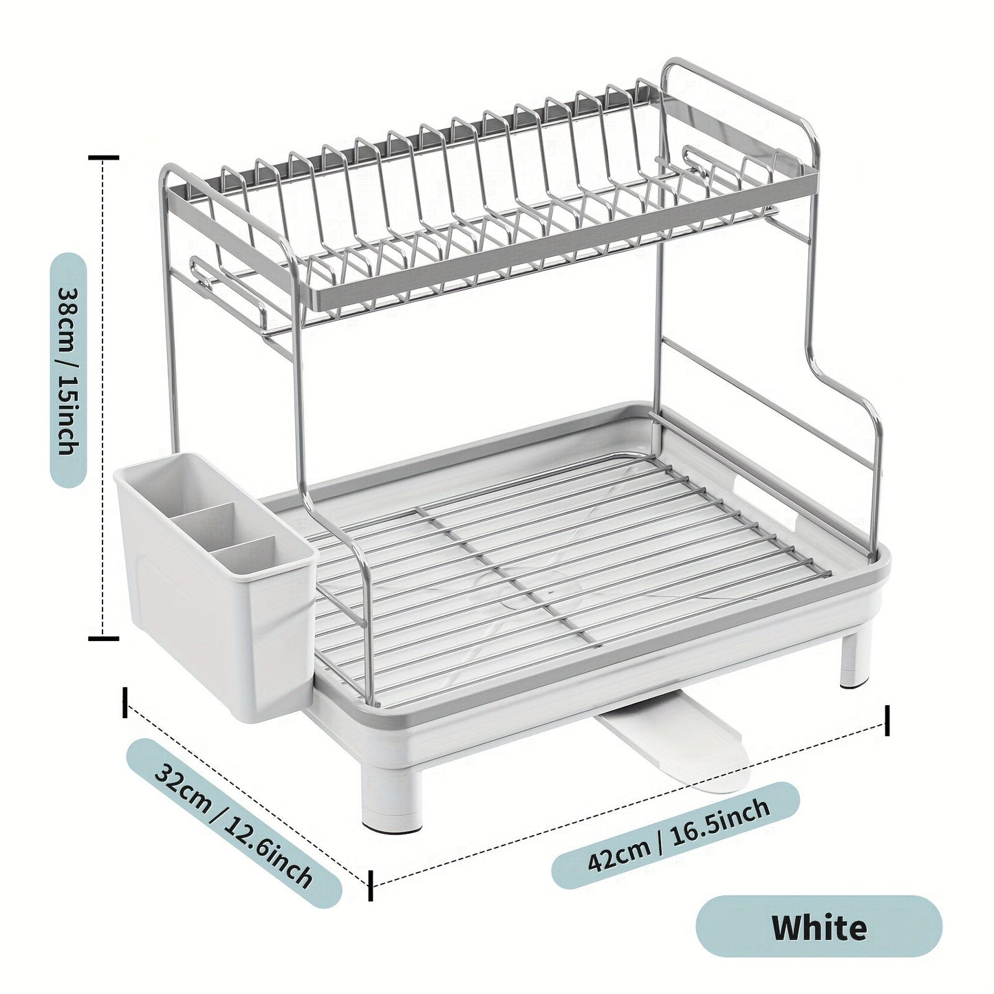 Multipurpose 2-Tier Metal and Plastic Dish Drying Rack with Drain Tray, Swivel Spout, and Sink Caddy - Countertop Storage Organizer for Dishes, Cutlery, Pots, Dish Brush, and Sponge Holder, Ideal for Kitchen and Bathroom Accessories