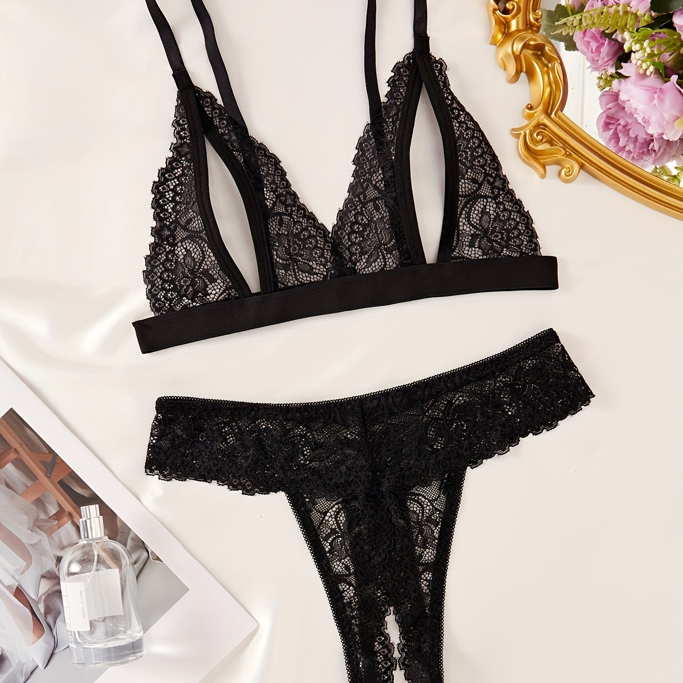 Floral lace lingerie set with open cup triangle bra and open crotch thong, sexy women's underwear.