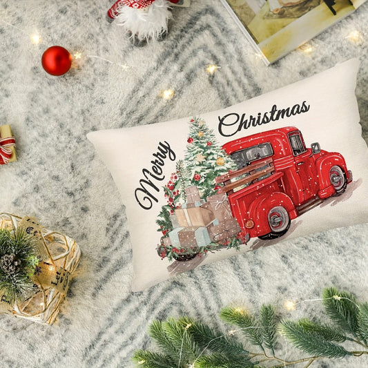 Get into the holiday spirit with the Merry Christmas Red Truck Pillow Cover. Made of linen fabric in a contemporary style, this 30.48x50.8 cm pillow cover is machine washable and features a convenient zippered closure. Versatile for multiple room decor