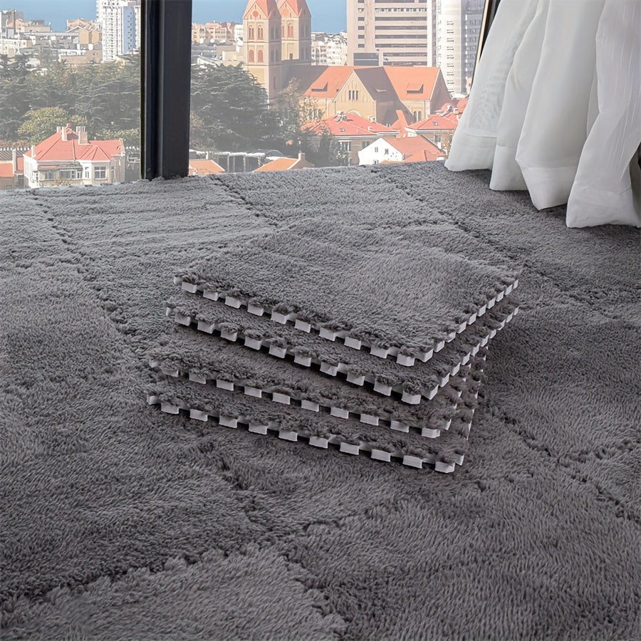 A set of 24 plush interlocking carpet pieces designed for use in the bedroom and living room. These thick, washable floor mats are made from a soft blend of EVA and polyester, measuring 29.97x29.97 cm each.