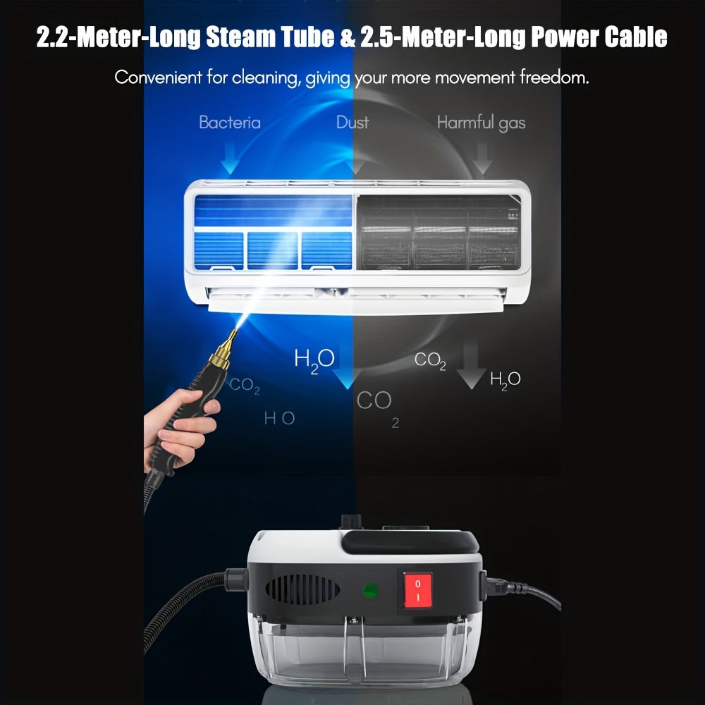 Portable and handheld steam cleaner with high temperature pressurized steam cleaning feature. Includes brush heads for kitchen, furniture, and bathroom cleaning. 1500W power. EU plug.