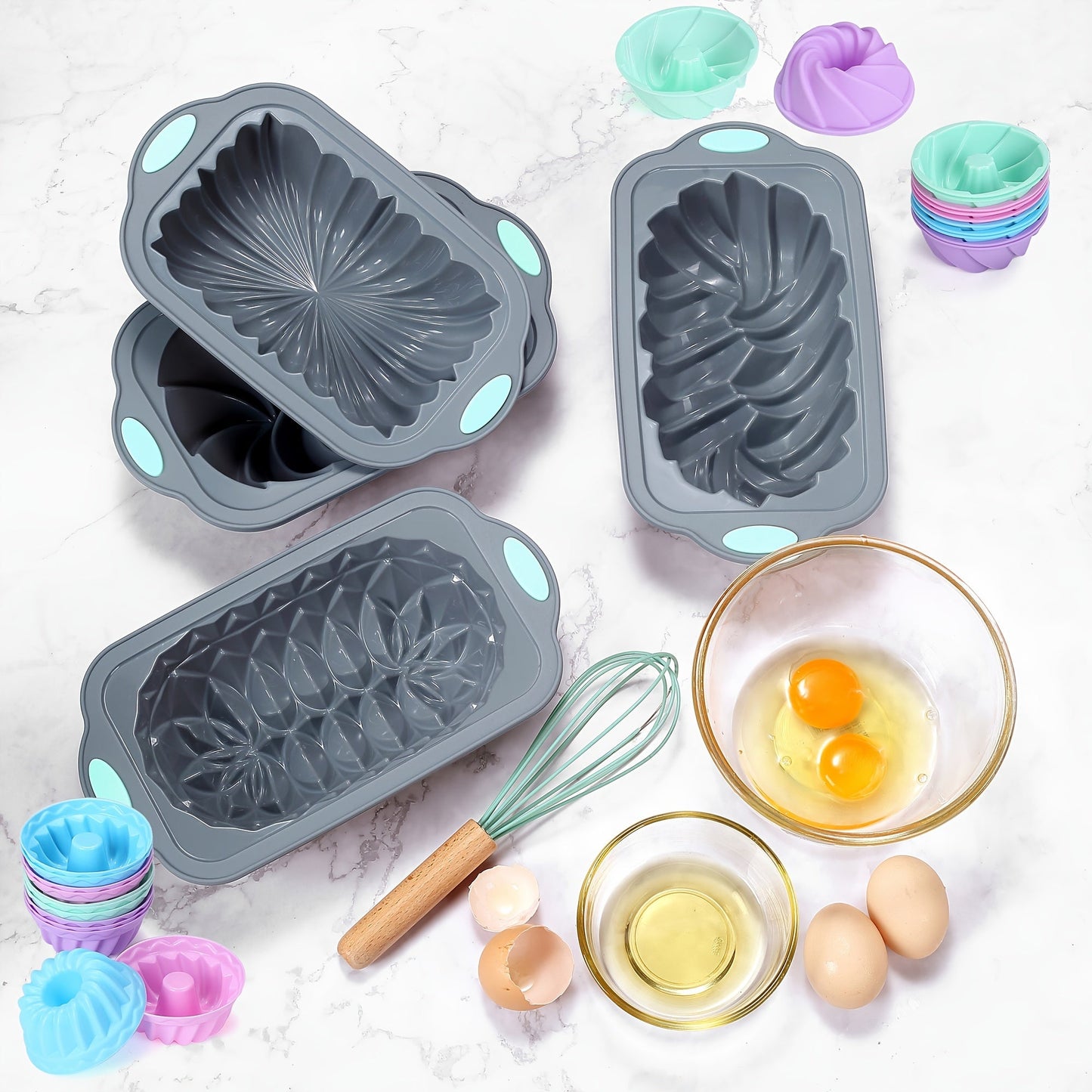 Set of 4 Silicone Baking Molds - Non-Stick, Flexible Loaf Pans featuring Lotus, Spiral, Braided, and Classic Fluted designs for Cakes, Breads, Meatloaf, Quiche, and more. Ideal for Holiday Parties and Gifting.