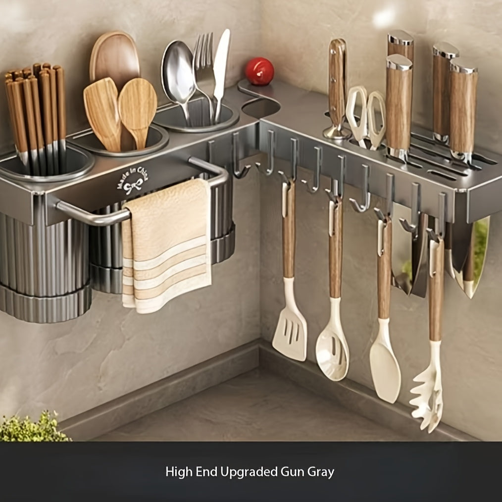 Luxurious Foldable Corner Kitchen Utensil Holder, Upgraded Design with Carbon Steel Material, Wall-Mounted Organizer for Cutlery and Spoons. Includes Drain Storage Cups and Towel Bar, No-Drill Installation option available.