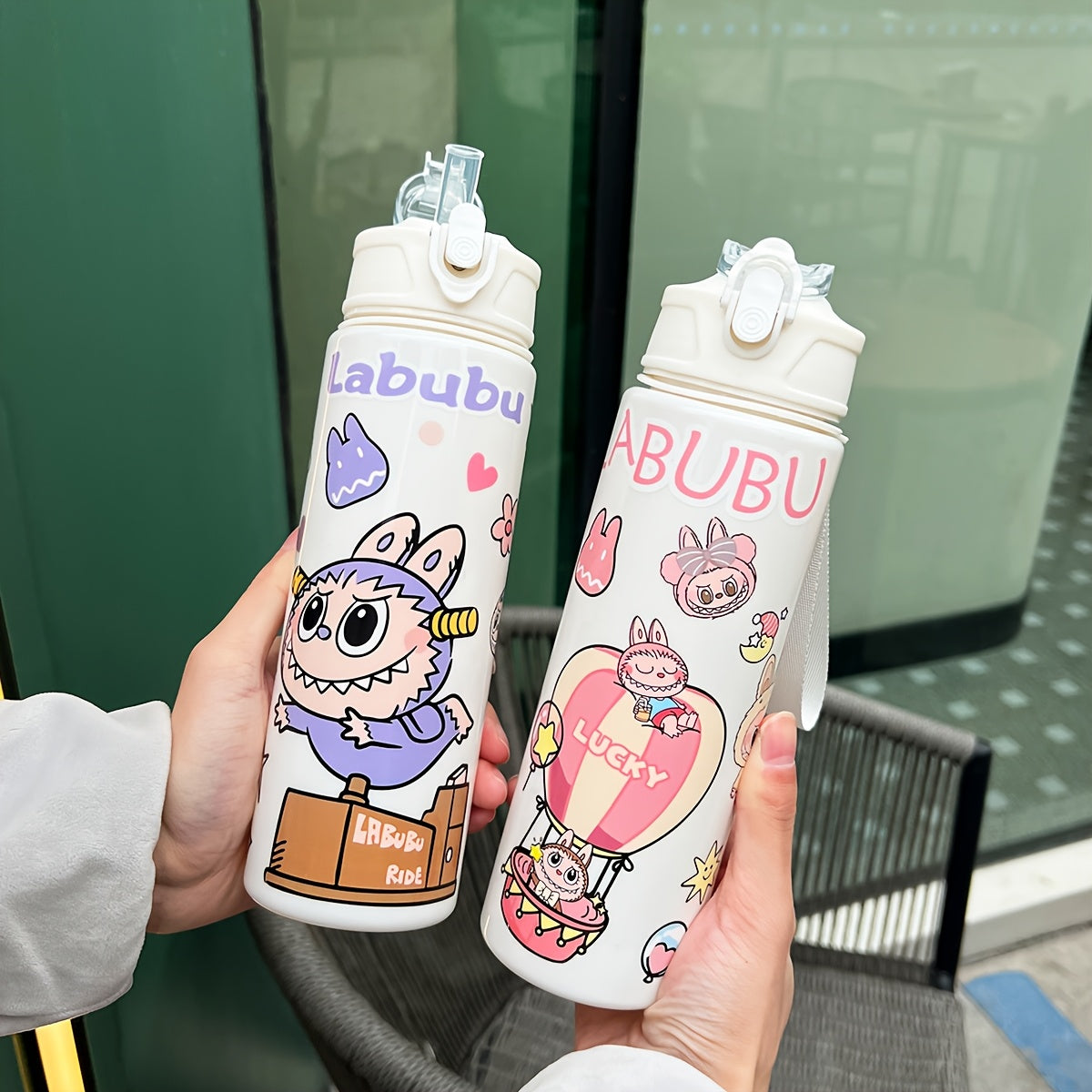 Labubu Cartoon Themed Water Bottle, 700ml, Leak-Proof with Straw, Ideal for Running & Outdoor Activities, Hand Wash Only, Festive Gift for Various Occasions