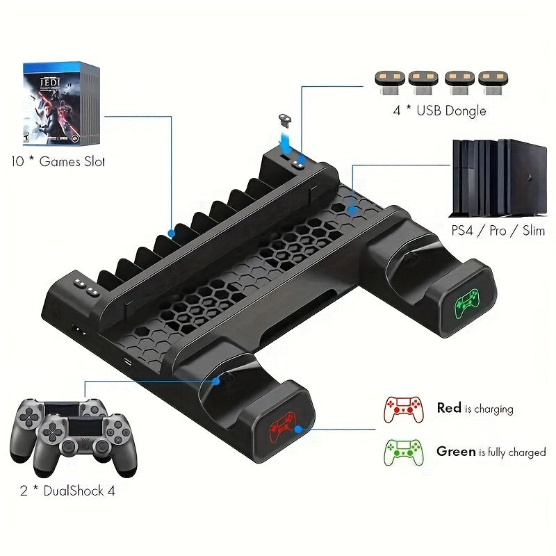 PS4 cooling stand with controller charging, light indicator, disc slot, and game card storage.