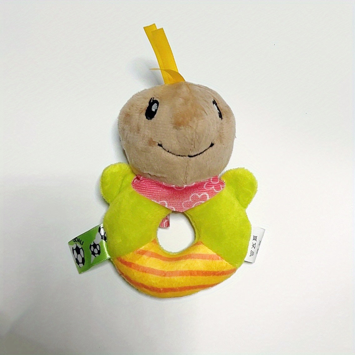 Round hand rattle baby toy with adorable cartoon animal design, a plush and cute option for your little one.