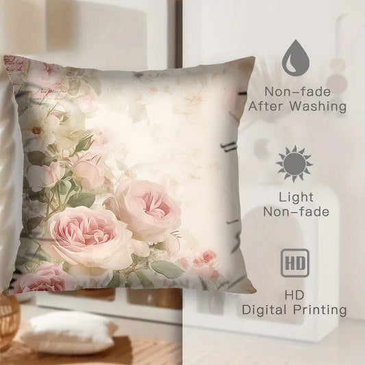 Pink Roses Retro Poster Throw Pillow Covers, Set of 2, 45.72x45.72 cm, Made of Soft Polyester, Square Cushion Cases, Easy-Care Machine Washable, Non-Fade Material, Lightweight and Decorative, Ideal for Sofa and Bedroom Decor - Insert Not Included