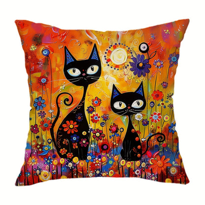 Folk art style black cat throw pillow cover with sun and flowers design. Made of 100% polyester, hand wash only. Features zipper closure, suitable for couch, sofa, living room, bedroom. Available in two sizes: 29.97cm X 50.04cm and 44.96cm X 44.96cm.