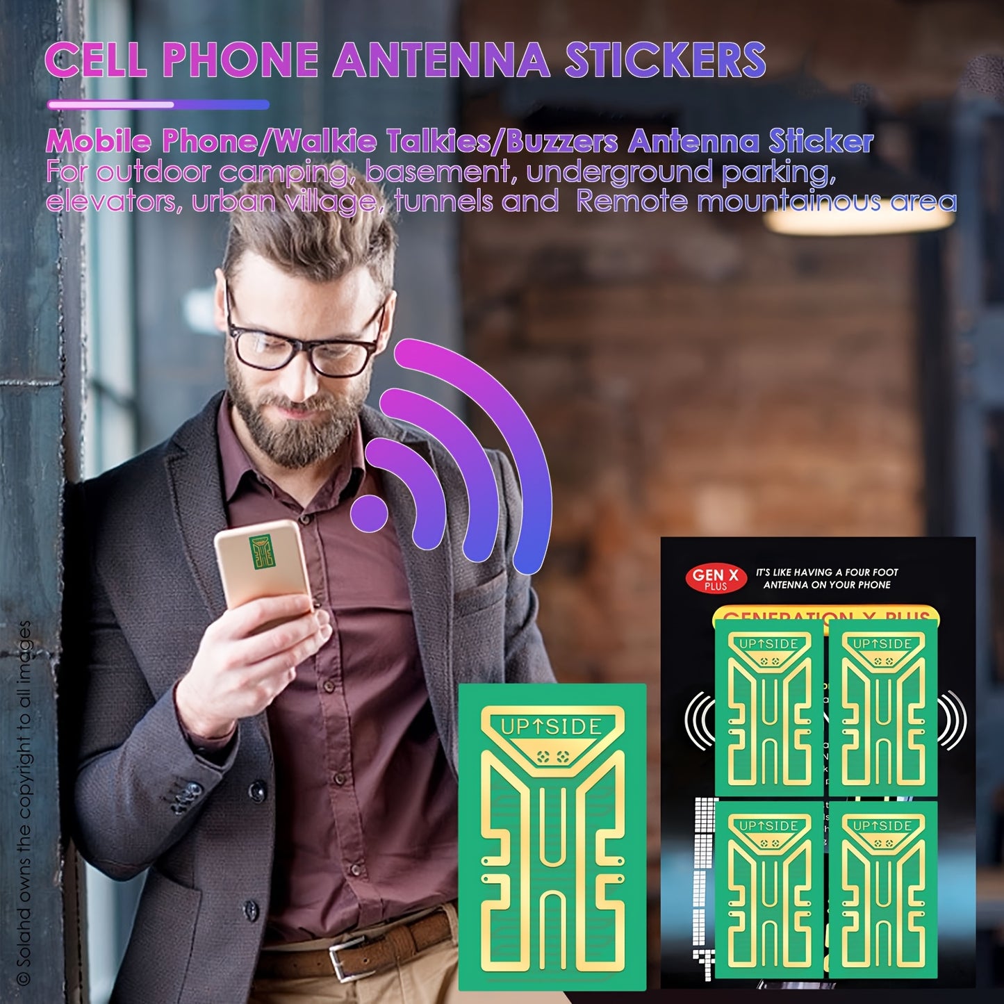 Compact, lightweight antenna stickers for portable devices enabling network connections in isolated areas, ideal for outdoor enthusiasts. Can be used with computers and wireless gadgets.