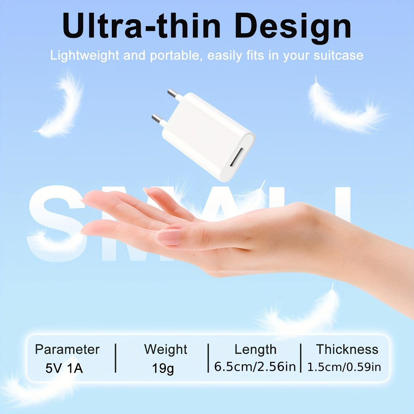 Four 5V 1A USB chargers with universal plug, suitable for mobile phones, MP3 players, e-books, and smartphones. White color.