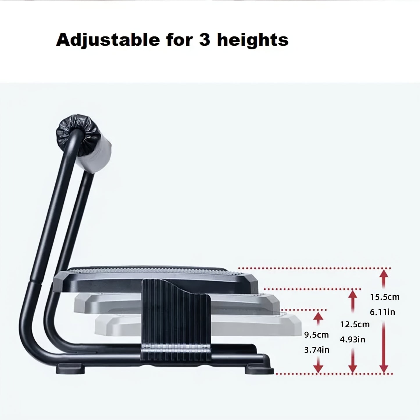 Adjustable ergonomic footrest stool for office use, non-electric, black plastic material.