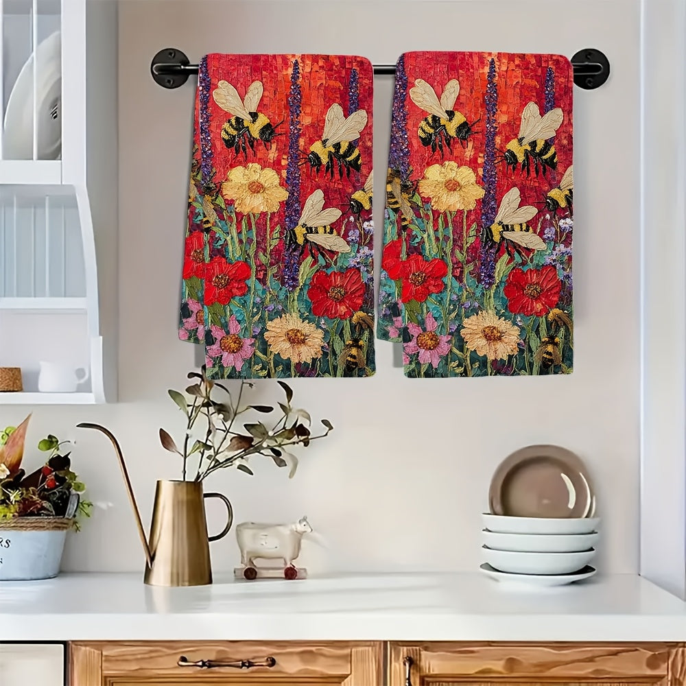 The set includes two kitchen towels with a vibrant design of bees in a flower garden. These ultra-soft towels are highly absorbent and perfect for holiday decorating. They are machine washable and measure 40.64X60.96 cm.