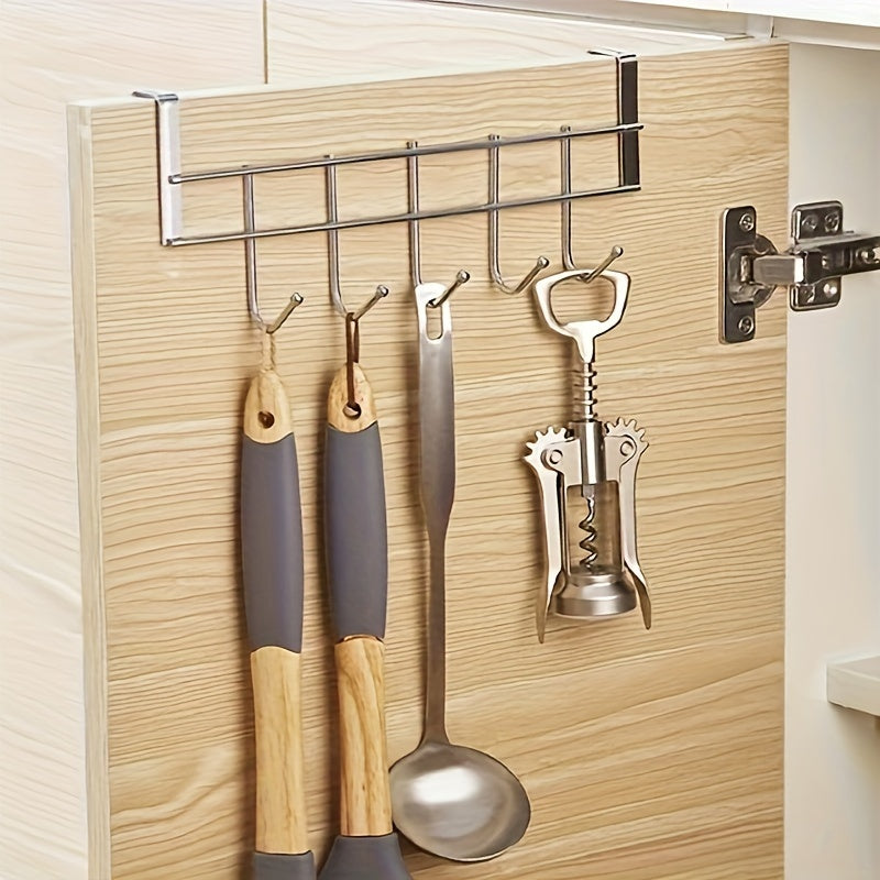 This Stainless Steel Hook Rack features 5 hooks, perfect for hanging behind doors, on cabinet doors, or on walls. Made of durable stainless steel, it is versatile and can be used for hanging towels behind living room doors or clothes in bedrooms. It is