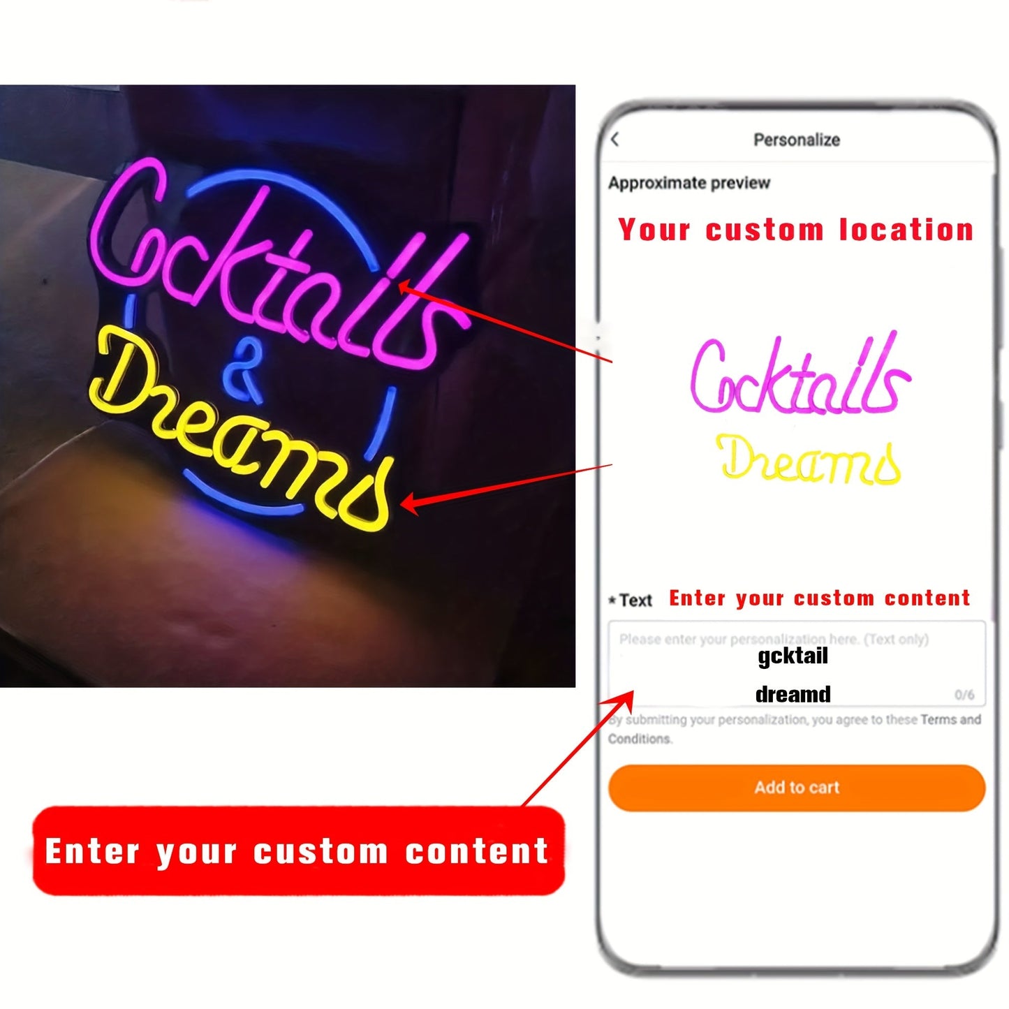 [Customized] 1 piece of Personalized Cocktails And Dream Neon Sign Nightlight, Decorative Lights for Bars, Clubs, Hotels, Cafes, Weddings, Birthday Parties, USB-powered