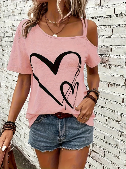 Cold shoulder tee with heart print, backless asymmetrical top for women.