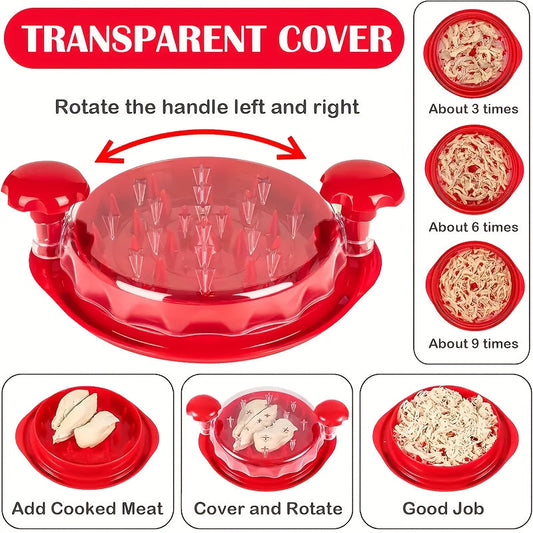 Top-tier Chicken Shredder Set includes 2 ergonomically designed tools for quick and easy meat shredding. Features a transparent lid, non-slip base, heat resistant material, and is safe for dishwasher use. Includes a convenient cleaning brush for use with